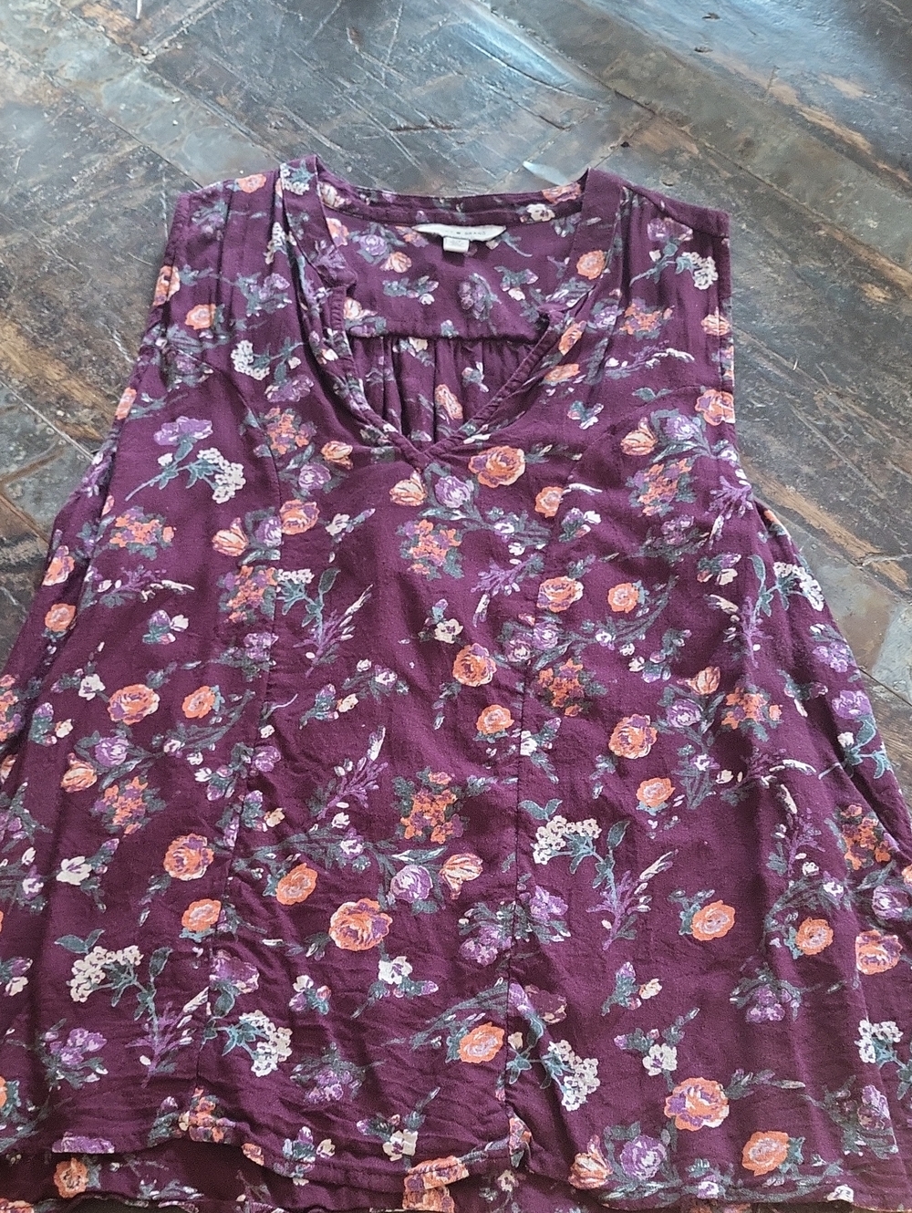 Lucky Brand Plum Floral V-Neck Tank with Pink and Orange Blooms